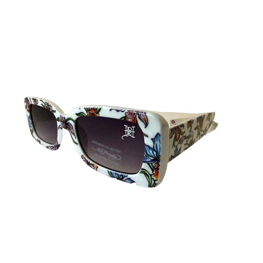Ed Hardy Sunglasses Womens White Floral Oversized Rectangle 100% UVโ Protect NEW